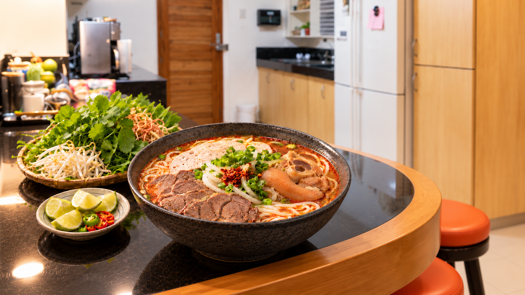 Bun Bo Hue in a charcoal bowl displayed on Maria's dining table
